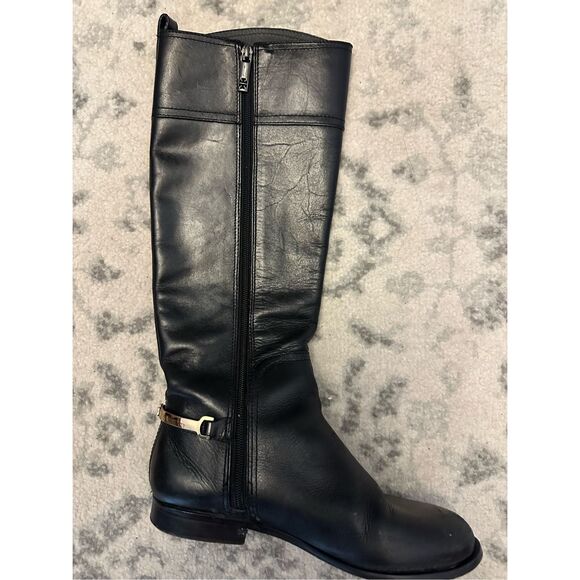 Tory Burch Black Leather Jess Riding Boots Gold Tone Heel Stirrup 7.5 - Picture 2 of 11
